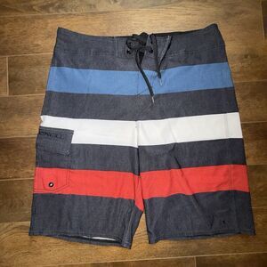 O'Neill Board Shorts, Mens 32, Polyester, 1 Pocket, Black Red White Blue Stripe